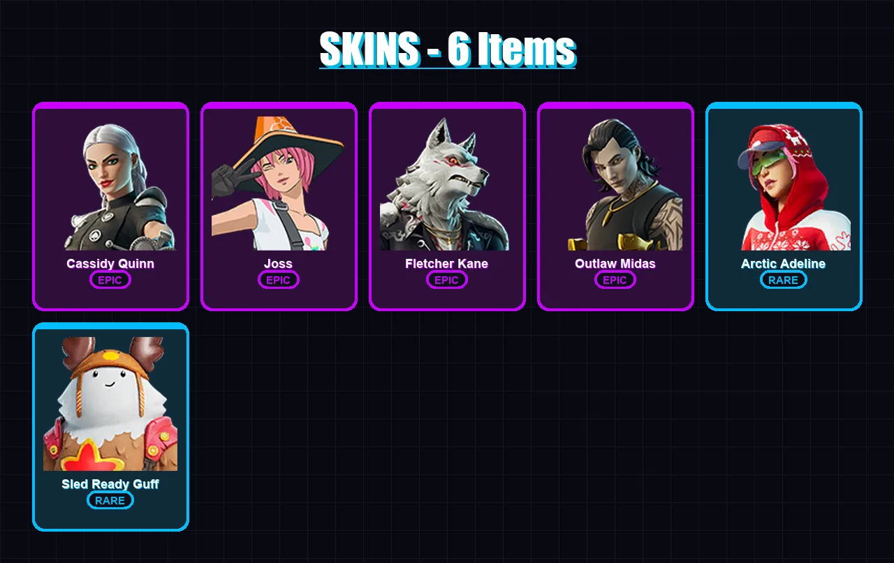 [PC] | Cassidy Quinn | Joss | Fletcher Kane | Outlaw Midas | Arctic Adeline | 6 skin | 29 pickaxe | 14 emote | 24 glider | Lv333