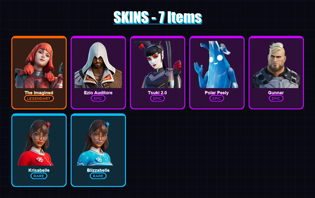 [PC/XBOX/PSN] | The Imagined | Ezio Auditore | Tsuki 2.0 | Polar Peely | Gunnar | 7 skin | 10 pickaxe | 13 emote | 11 glider | Lv106
