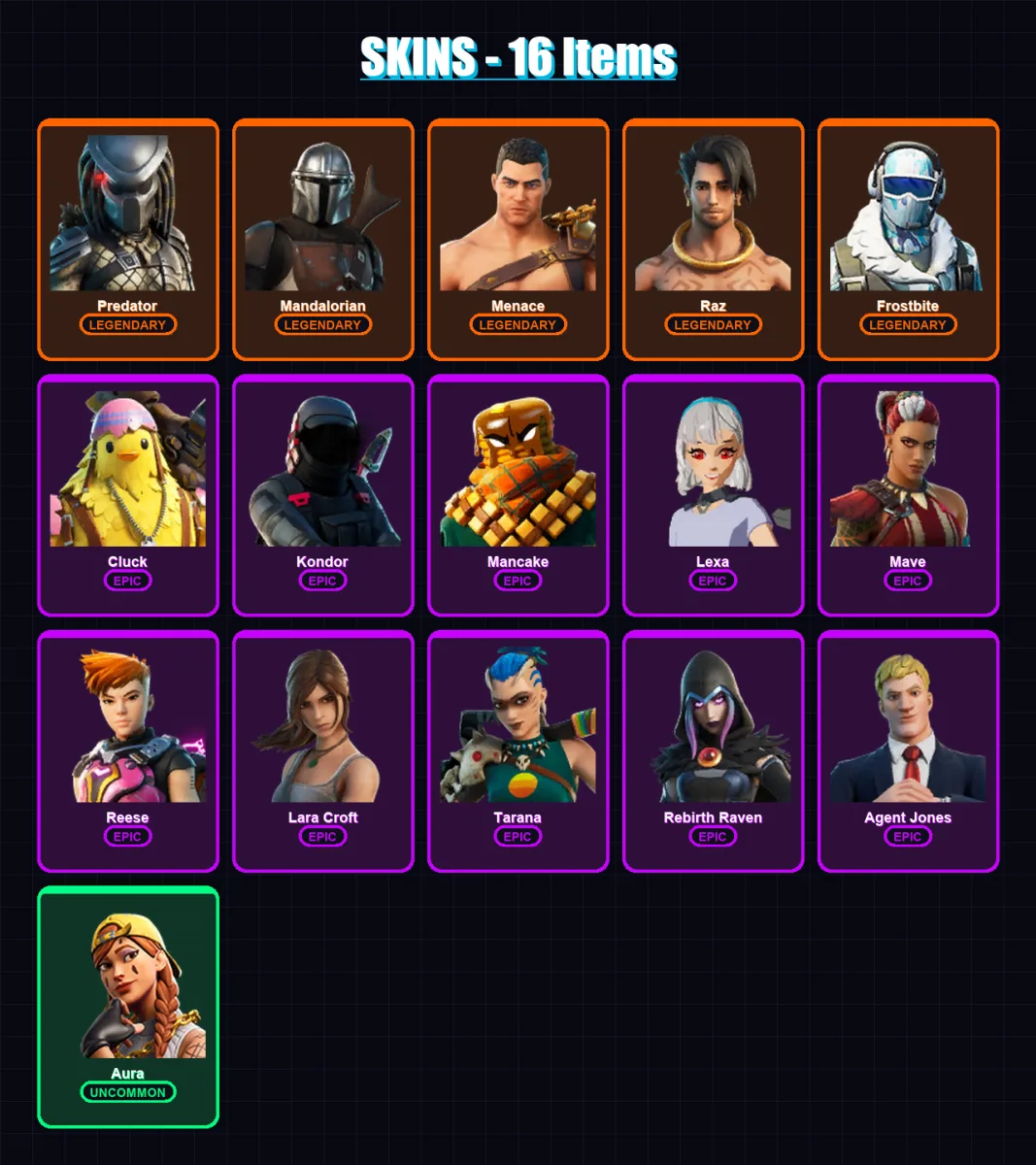 [PS4/PS5/XBOX/PC] | Predator | Mandalorian | Menace | Raz | Frostbite | 16 skin | 19 pickaxe | 22 emote | 23 glider | Lv308