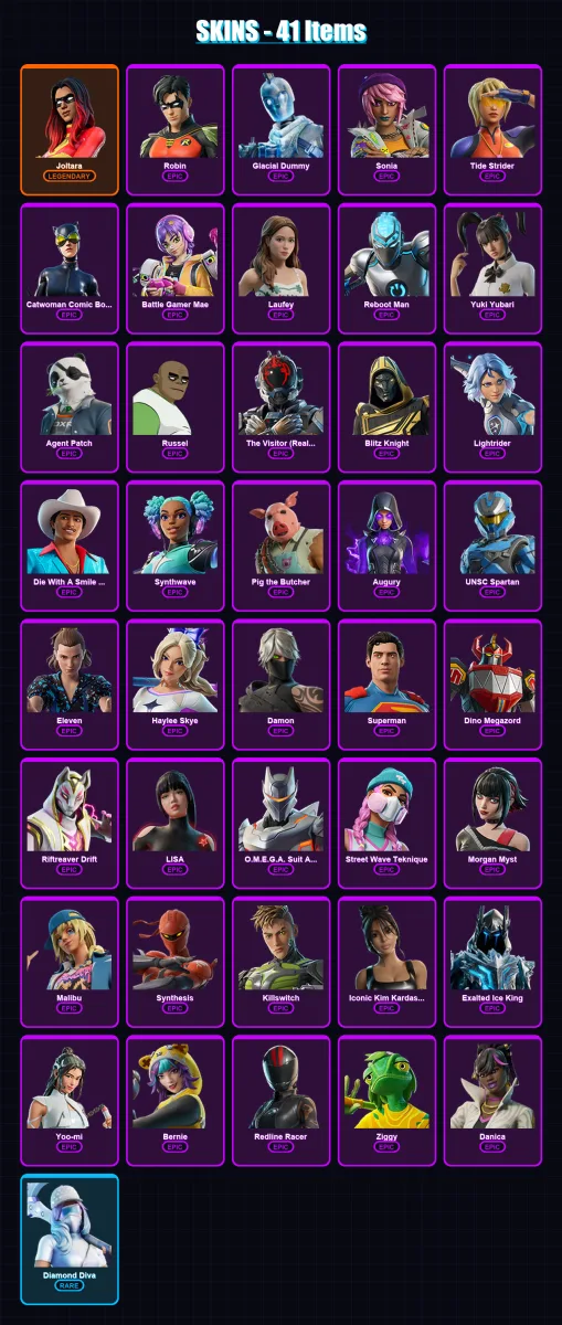 [PC/XBOX/PSN] | Joltara | Robin | Glacial Dummy | Sonia | Tide Strider | 41 skin | 66 pickaxe | 35 emote | 37 glider | Lv569