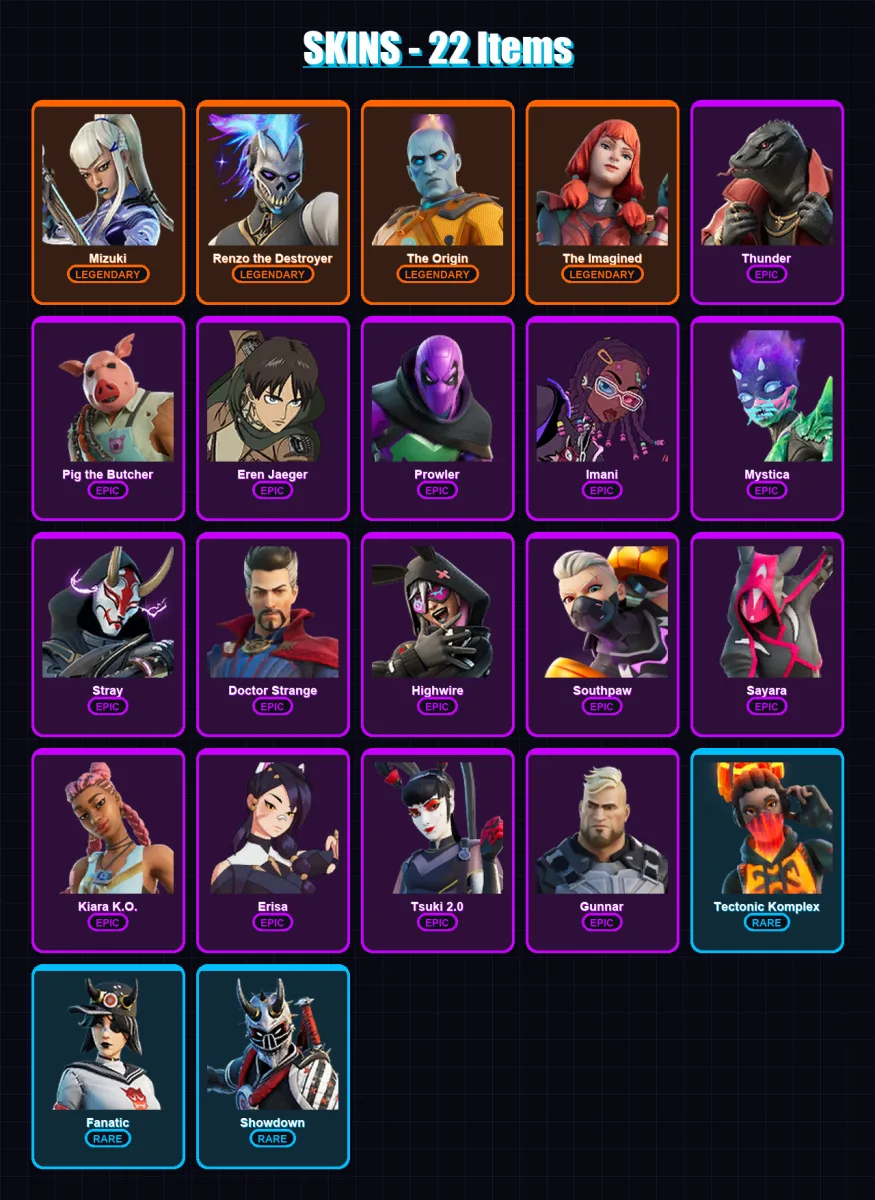 [PC/XBOX/PSN] | Mizuki | Renzo the Destroyer | The Origin | The Imagined | Thunder | 22 skin | 34 pickaxe | 23 emote | 33 glider | Lv408