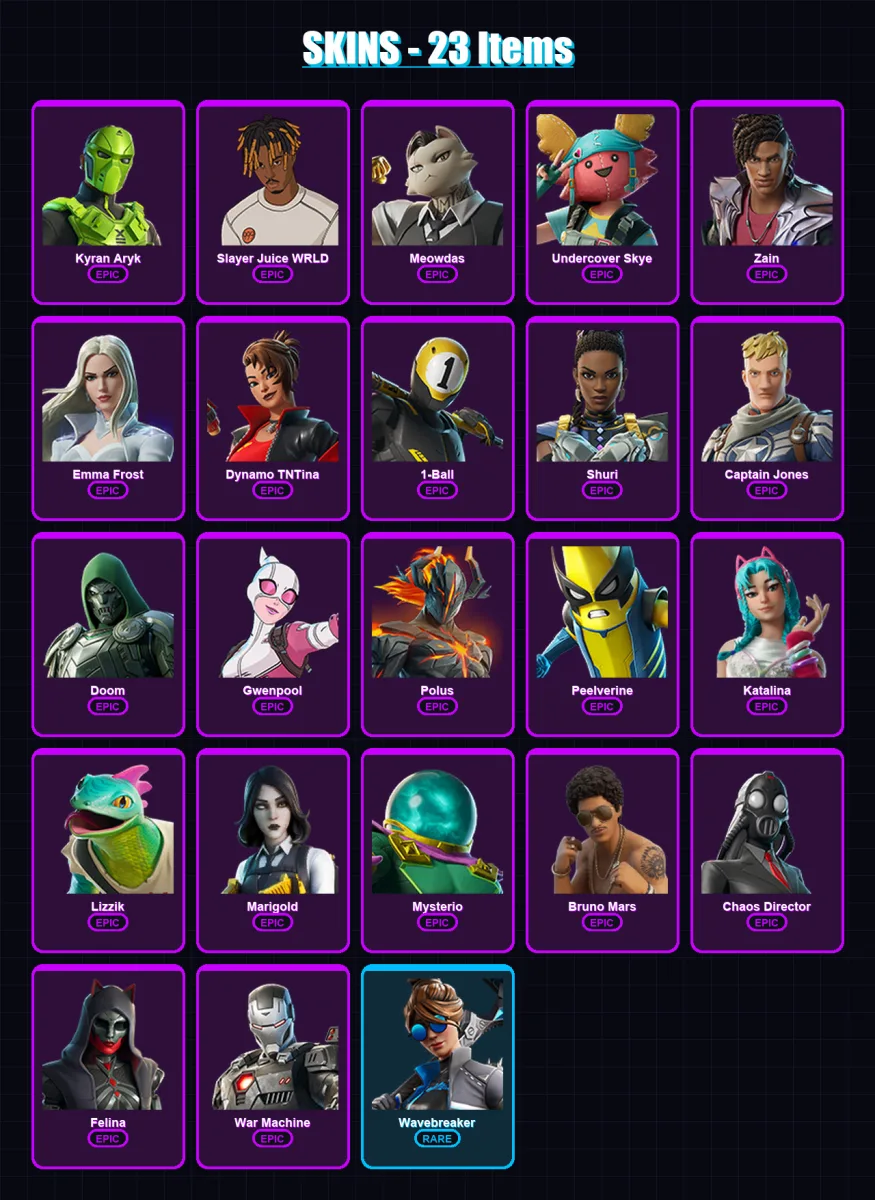 [PC/XBOX] | Kyran Aryk | Slayer Juice WRLD | Meowdas | Undercover Skye | Zain | 23 skin | 39 pickaxe | 21 emote | 21 glider | Lv321