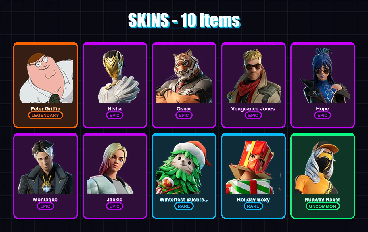 [PC/PSN] | Peter Griffin | Nisha | Oscar | Vengeance Jones | Hope | 10 skin | 19 pickaxe | 12 emote | 17 glider | Lv194