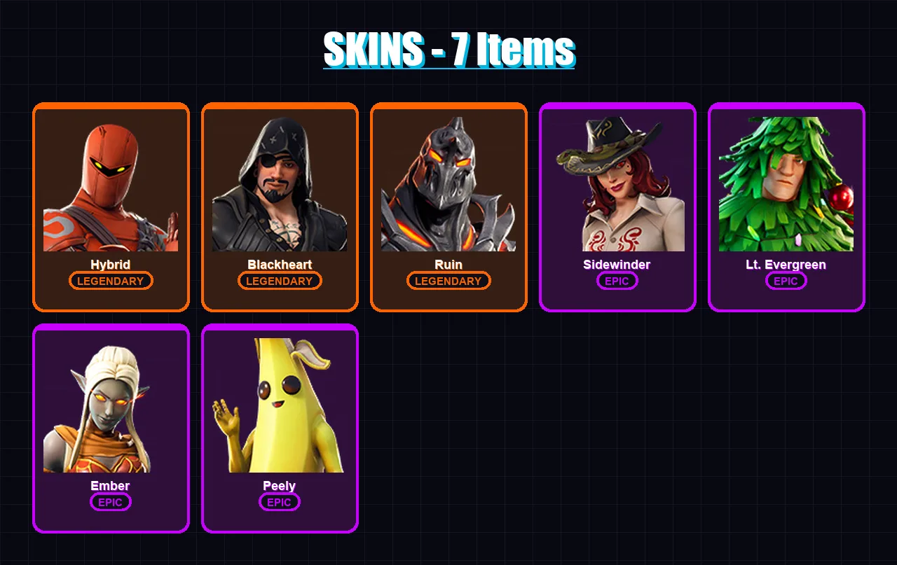 [PC/XBOX/PSN] | Hybrid | Blackheart | Ruin | Sidewinder | Lt. Evergreen | 7 skin | 8 pickaxe | 14 emote | 11 glider | Lv130