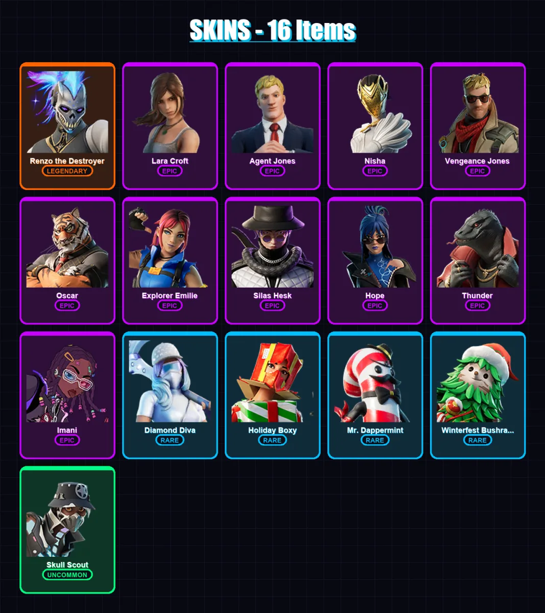 [PC/XBOX/PSN] | Renzo the Destroyer | Lara Croft | Agent Jones | Nisha | Vengeance Jones | 16 skin | 16 pickaxe | 17 emote | 18 glider | Lv279