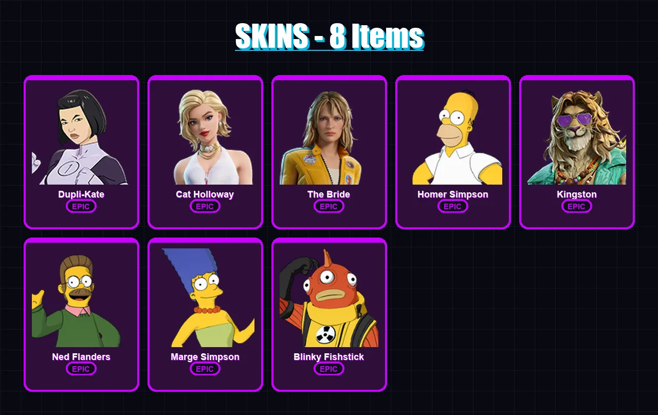 [PC/XBOX/PSN] | Dupli-Kate | Cat Holloway | The Bride | Homer Simpson | Kingston | 8 skin | 18 pickaxe | 12 emote | 15 glider | Lv127
