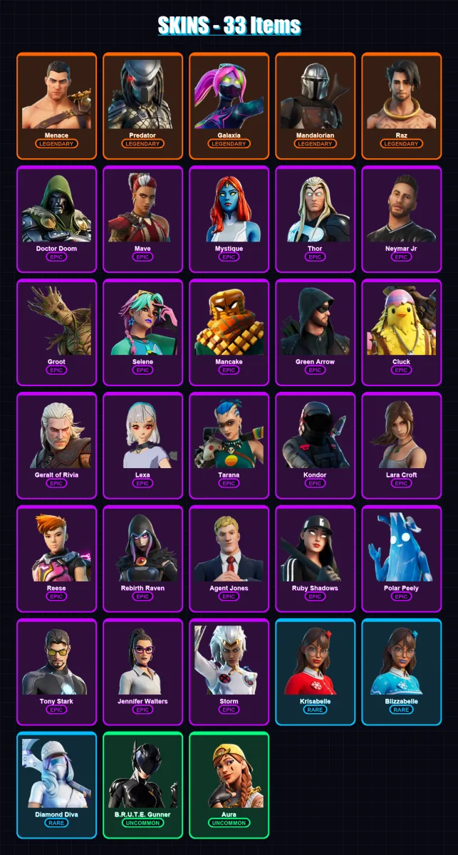 [PC/XBOX/PSN] | Menace | Predator | Galaxia | Mandalorian | Raz | 33 skin | 47 pickaxe | 35 emote | 38 glider | Lv571