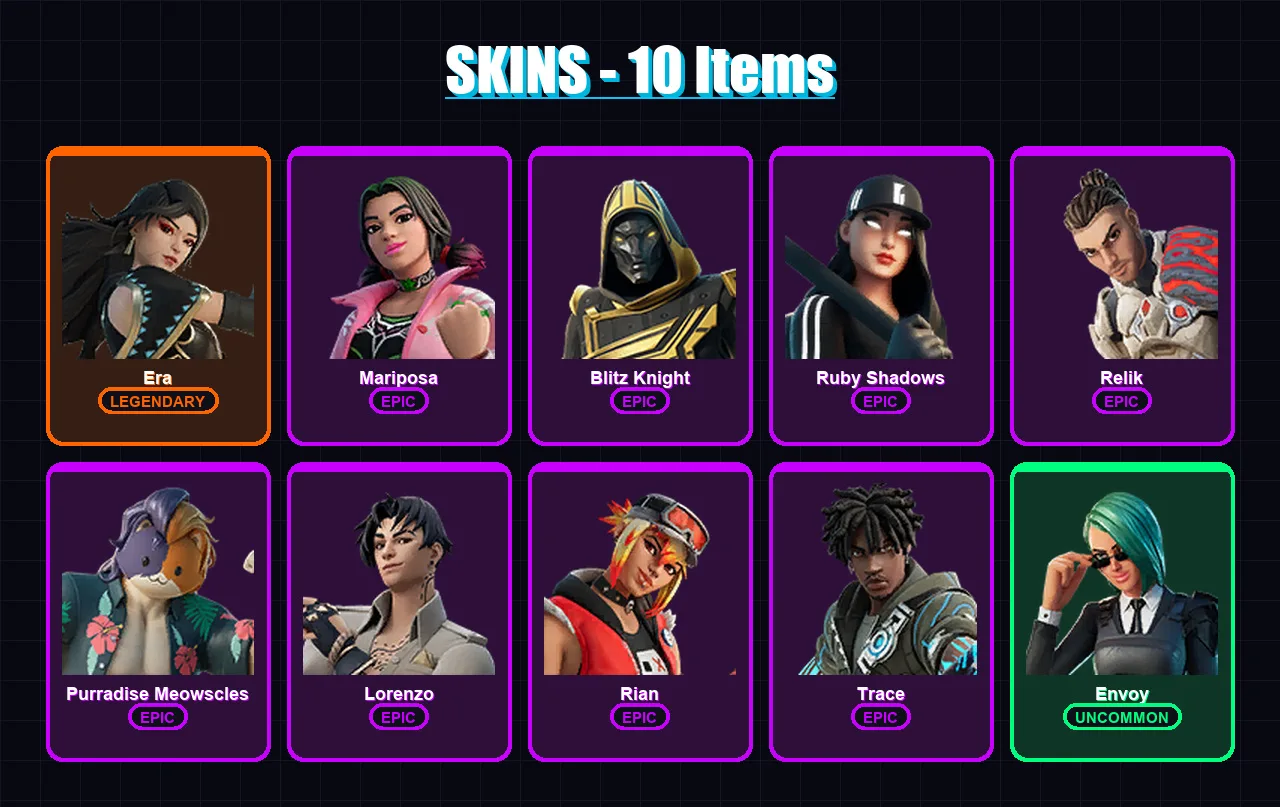 [PC/XBOX/PSN] | Era | Mariposa | Blitz Knight | Ruby Shadows | Relik | 10 skin | 31 pickaxe | 28 emote | 26 glider | Lv545