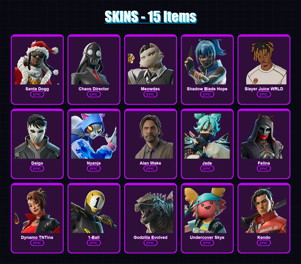 [PC/PSN] | Santa Dogg | Chaos Director | Meowdas | Shadow Blade Hope | Slayer Juice WRLD | 15 skin | 38 pickaxe | 22 emote | 26 glider | Lv286