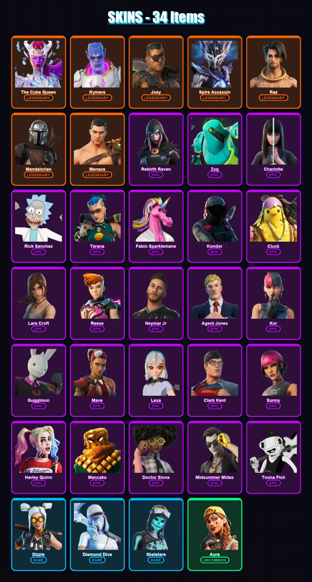 [PC/XBOX/PSN] | The Cube Queen | Kymera | Joey | Spire Assassin | Raz | 34 skin | 35 pickaxe | 53 emote | 32 glider | Lv542