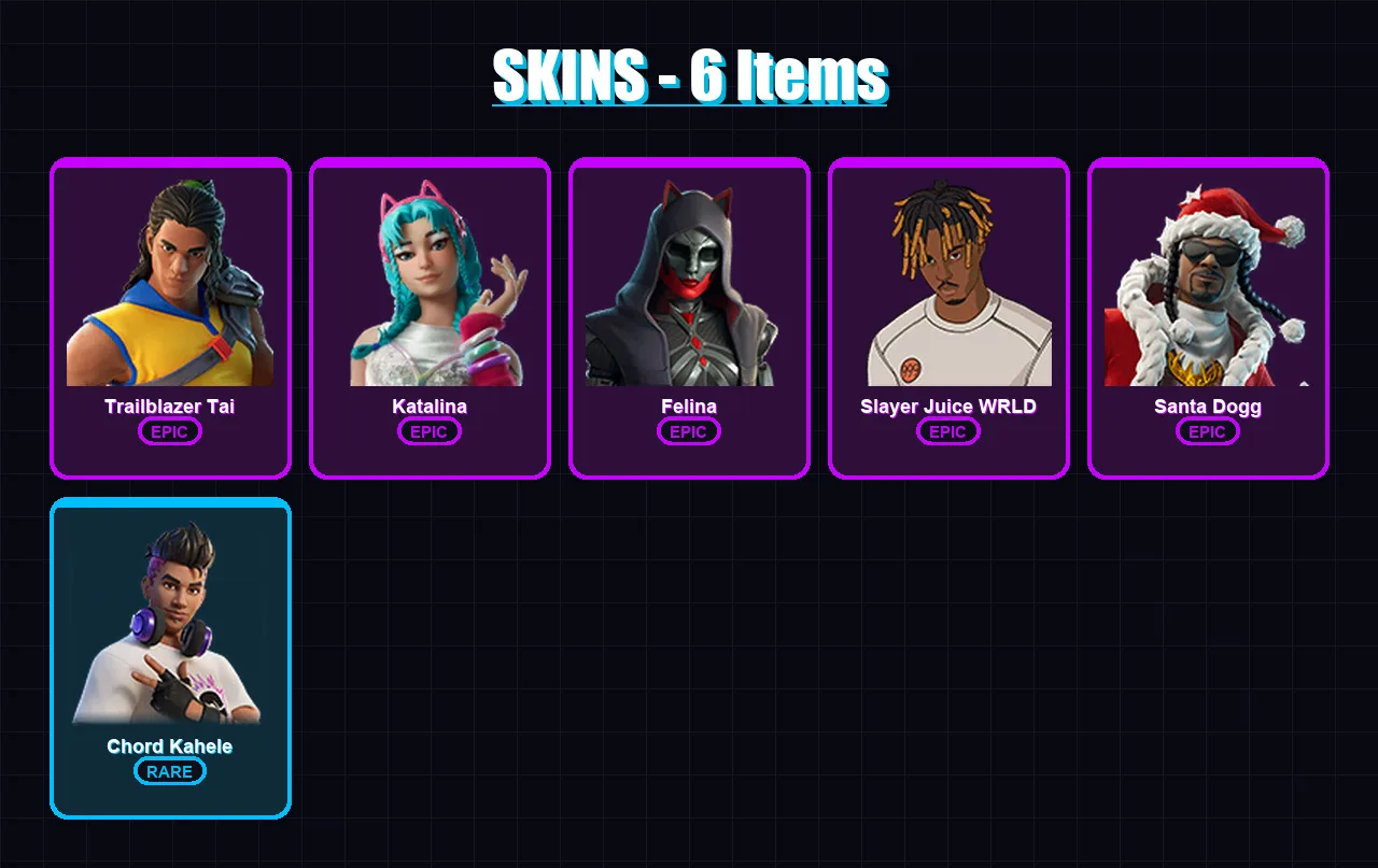 [PC/XBOX/PSN] | Trailblazer Tai | Katalina | Felina | Slayer Juice WRLD | Santa Dogg | 6 skin | 21 pickaxe | 8 emote | 12 glider | Lv179