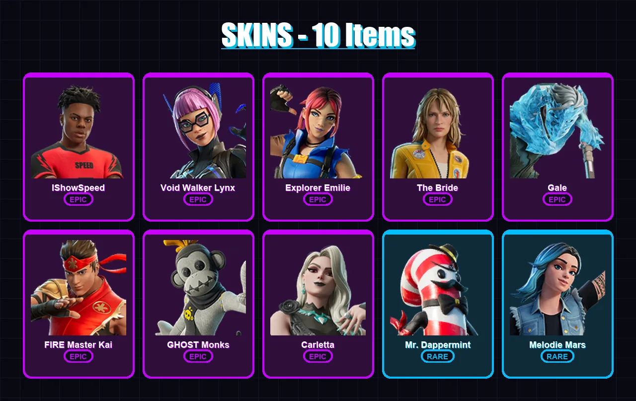 [PC/PSN] | IShowSpeed | Void Walker Lynx | Explorer Emilie | The Bride | Gale | 10 skin | 6 pickaxe | 4 emote | 4 glider | Lv26