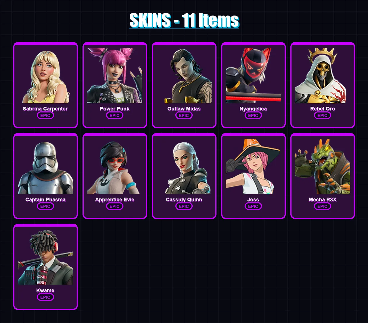 [PC/XBOX/PSN] | Sabrina Carpenter | Power Punk | Outlaw Midas | Nyangelica | Rebel Oro | 11 skin | 10 pickaxe | 10 emote | 7 glider | Lv32