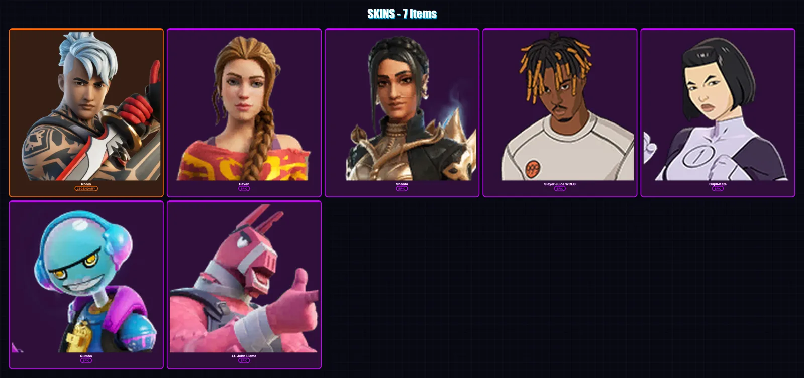 [PC] | Ronin | Haven | Shanta | Slayer Juice WRLD | Dupli-Kate | 7 skin | 36 pickaxe | 19 emote | 21 glider | Lv335