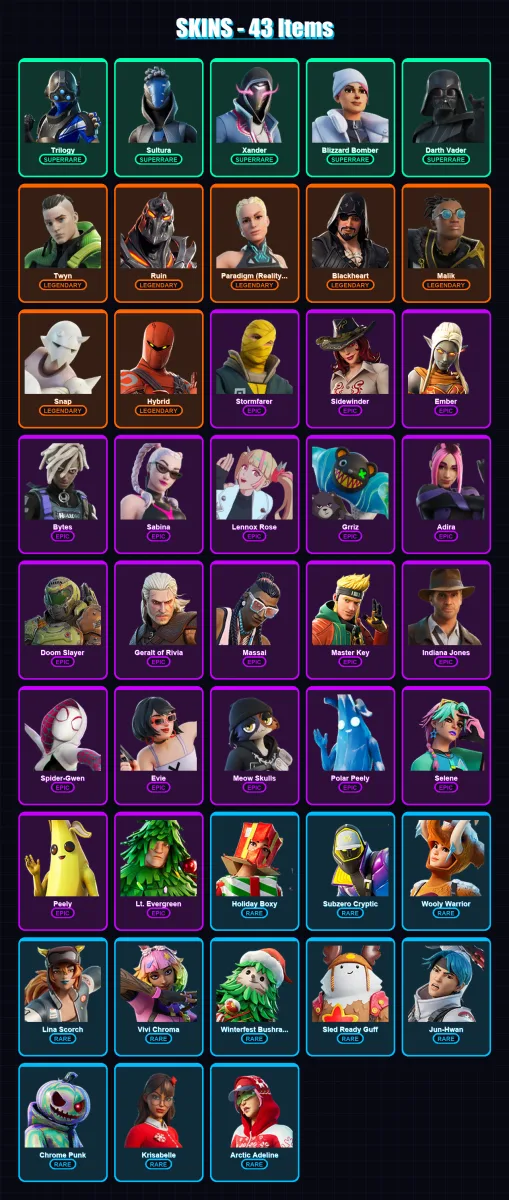 [PS4/PS5/XBOX/PC] | Trilogy | Sultura | Xander | Blizzard Bomber | Darth Vader | 43 skin | 82 pickaxe | 82 emote | 84 glider | Lv1706