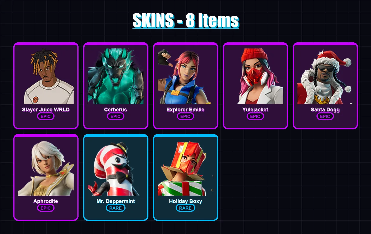 [PS4/PS5/XBOX/PC] | Slayer Juice WRLD | Cerberus | Explorer Emilie | Yulejacket | Santa Dogg | 8 skin | 15 pickaxe | 7 emote | 12 glider | Lv104