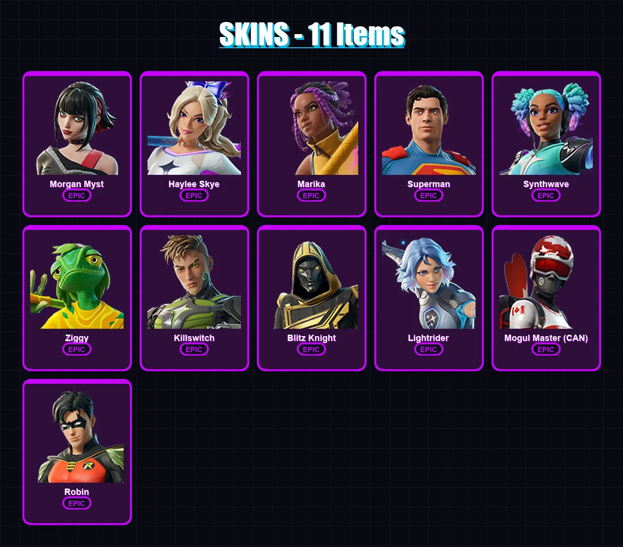 [PC/PSN] | Morgan Myst | Haylee Skye | Marika | Superman | Synthwave | 11 skin | 22 pickaxe | 13 emote | 17 glider | Lv176