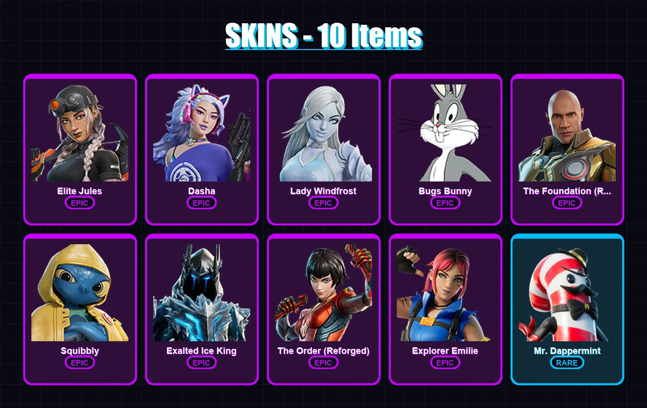[PC/XBOX/PSN] | Elite Jules | Dasha | Lady Windfrost | Bugs Bunny | The Foundation (Reforged) | 10 skin | 12 pickaxe | 11 emote | 14 glider | Lv112