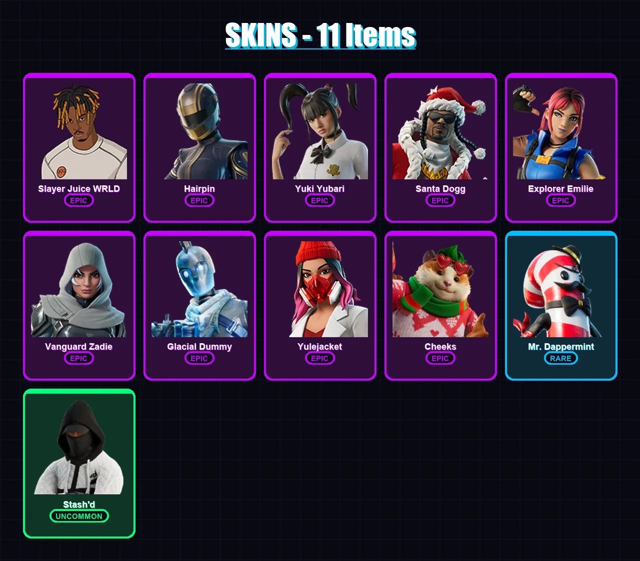 [PC/PSN] | Slayer Juice WRLD | Hairpin | Yuki Yubari | Santa Dogg | Explorer Emilie | 11 skin | 39 pickaxe | 14 emote | 27 glider | Lv362