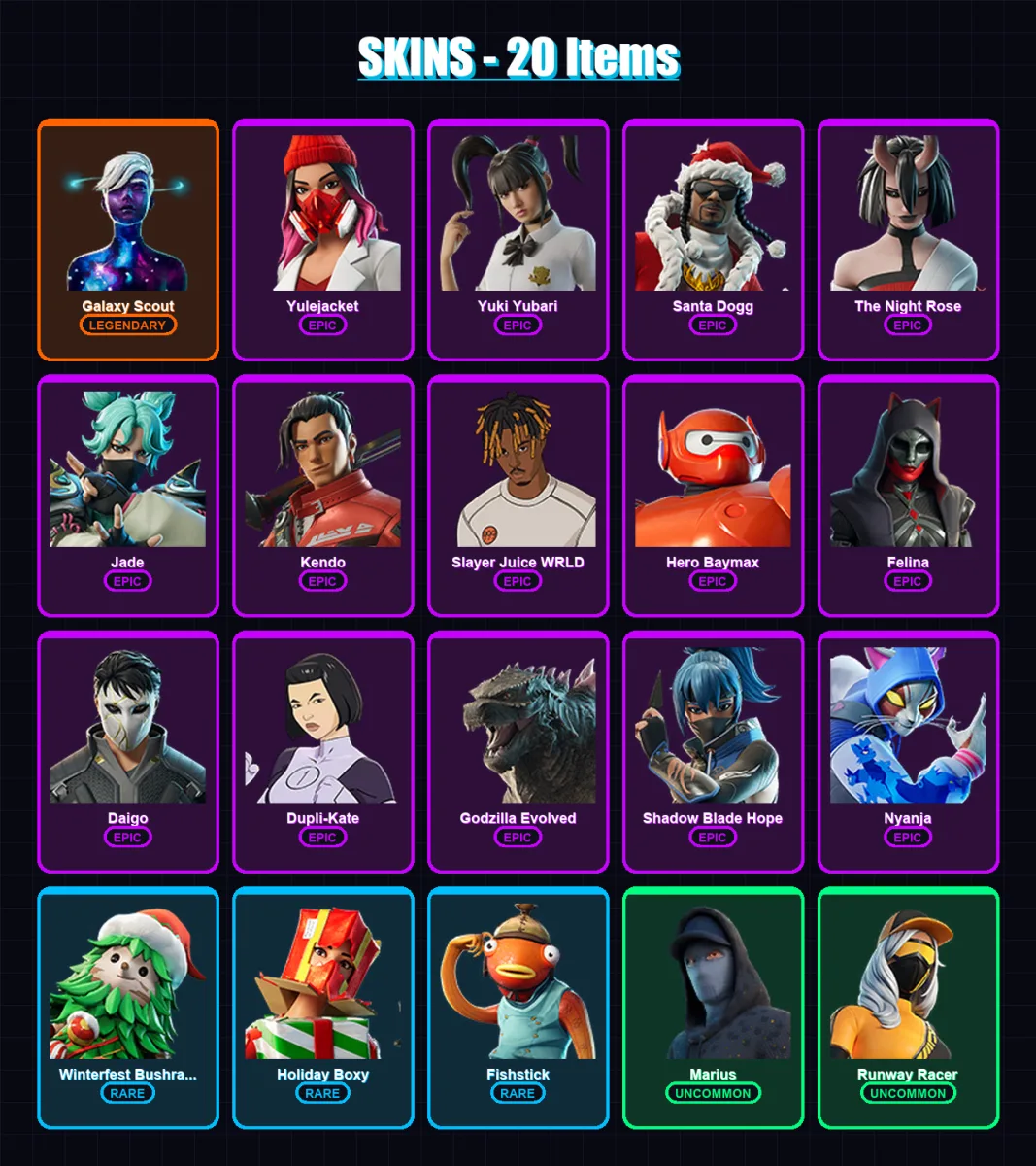 [PC/XBOX] | Galaxy Scout | Yulejacket | Yuki Yubari | Santa Dogg | The Night Rose | 20 skin | 85 pickaxe | 44 emote | 57 glider | Lv1179