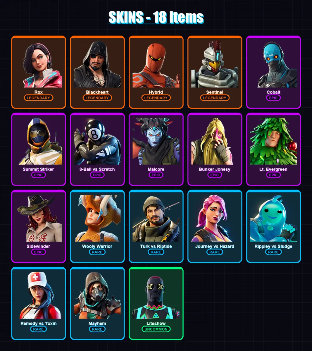 [PS4/PS5/XBOX/PC] | Rox | Blackheart | Hybrid | Sentinel | Cobalt | 18 skin | 11 pickaxe | 26 emote | 16 glider | Lv169 — Fortnite account
