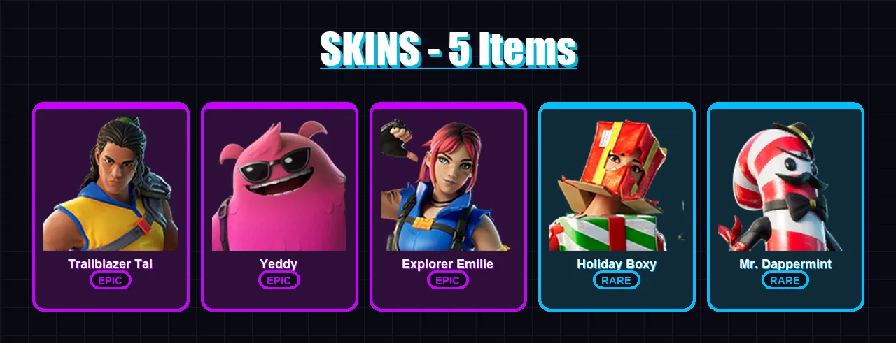 [PC/XBOX/PSN] | Trailblazer Tai | Yeddy | Explorer Emilie | Holiday Boxy | Mr. Dappermint | 5 skin | 14 pickaxe | 8 emote | 9 glider | Lv149