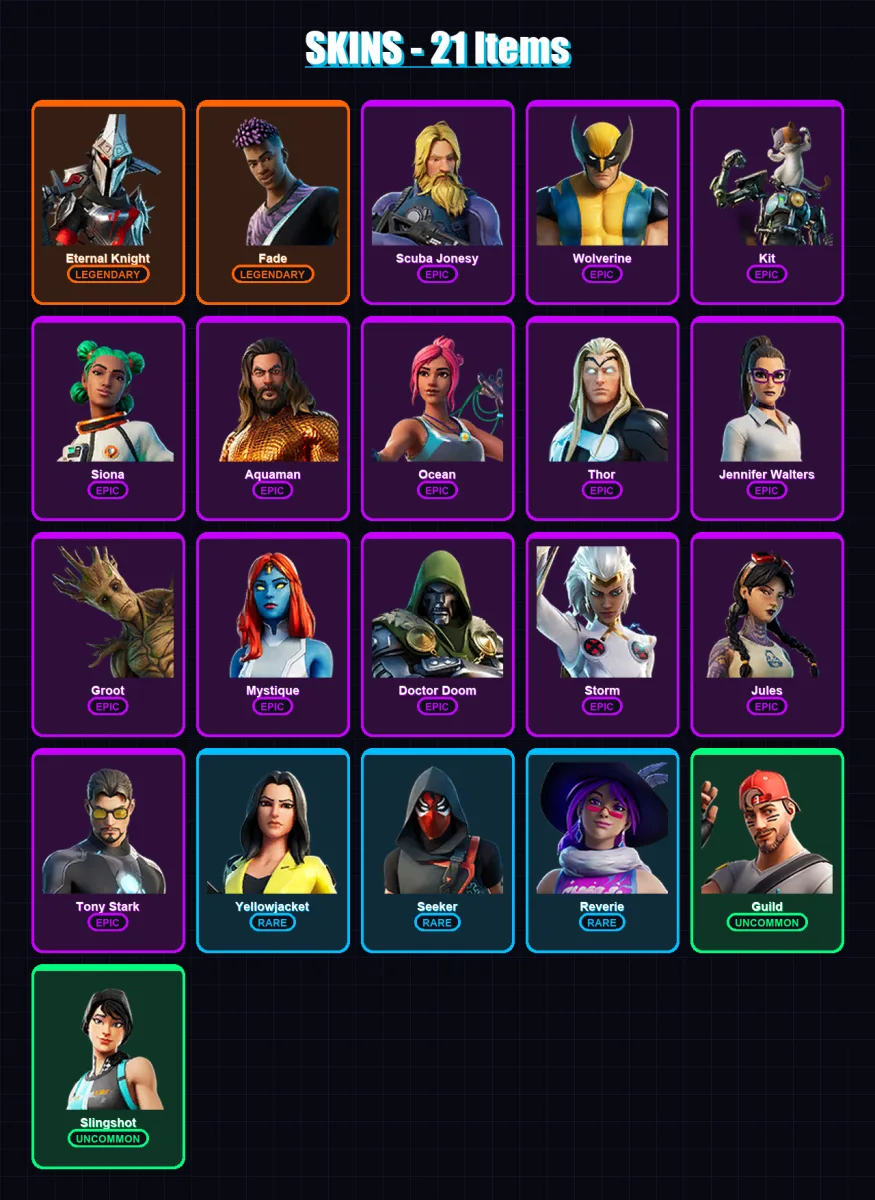 [PC/XBOX/PSN] | Eternal Knight | Fade | Scuba Jonesy | Wolverine | Kit | 21 skin | 26 pickaxe | 20 emote | 24 glider | Lv435