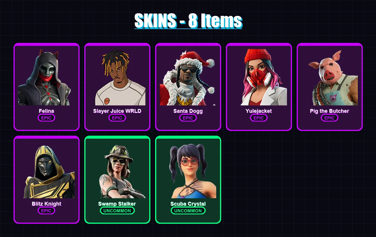 [PC/XBOX/PSN] | Felina | Slayer Juice WRLD | Santa Dogg | Yulejacket | Pig the Butcher | 8 skin | 68 pickaxe | 28 emote | 41 glider | Lv1021
