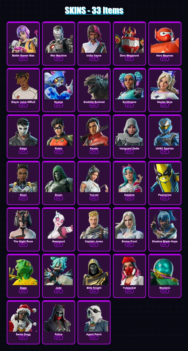 [PC/PSN] | Battle Gamer Mae | War Machine | Iridia Vayne | Dino Megazord | Hero Baymax | 33 skin | 79 pickaxe | 48 emote | 62 glider | Lv851