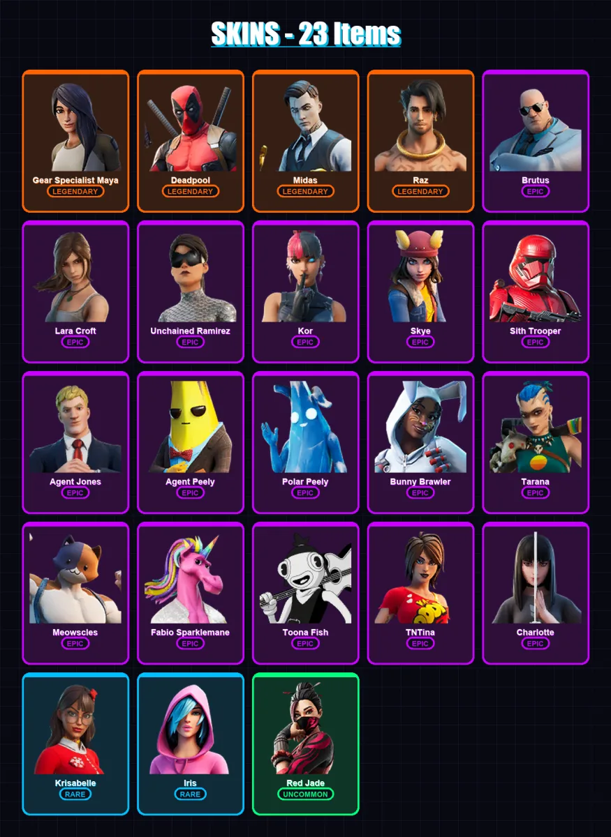[PC/PSN] | Gear Specialist Maya | Deadpool | Midas | Raz | Brutus | 23 skin | 44 pickaxe | 49 emote | 38 glider | Lv631 — Fortnite account