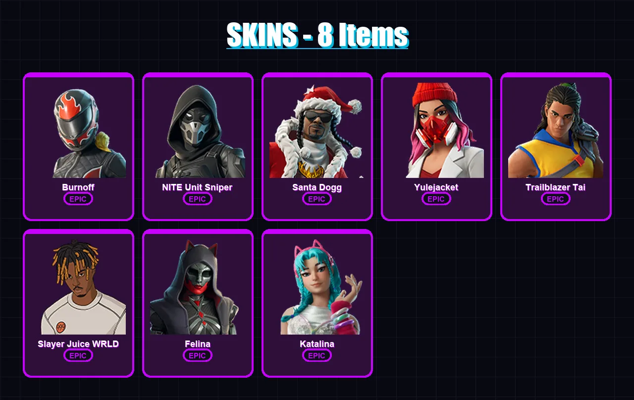[PC/PSN] | Burnoff | NITE Unit Sniper | Santa Dogg | Yulejacket | Trailblazer Tai | 8 skin | 32 pickaxe | 12 emote | 13 glider | Lv256