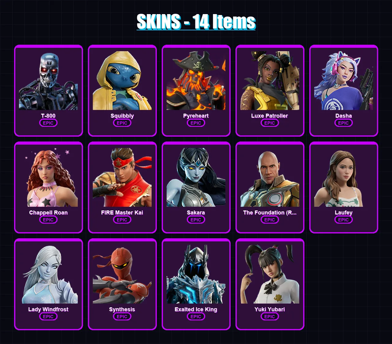 [PC/XBOX/PSN] | T-800 | Squibbly | Pyreheart | Luxe Patroller | Dasha | 14 skin | 32 pickaxe | 16 emote | 22 glider | Lv183