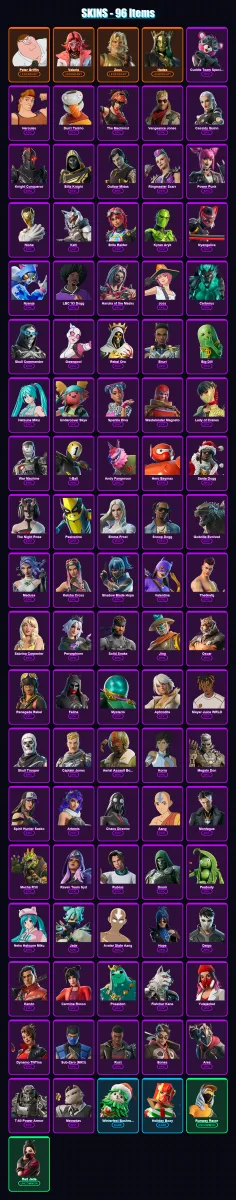 [PC/XBOX/PSN] | Peter Griffin | Valeria | Zeus | Hades | Cuddle Team Specialist | 96 skin | 149 pickaxe | 108 emote | 100 glider | Lv1416