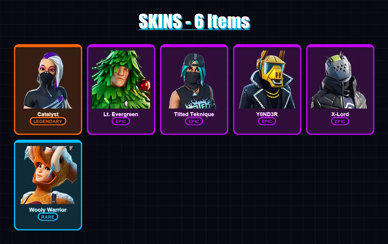 [PC/XBOX/PSN] | Catalyst | Lt. Evergreen | Tilted Teknique | Y0ND3R | X-Lord | 6 skin | 20 pickaxe | 26 emote | 26 glider | Lv457