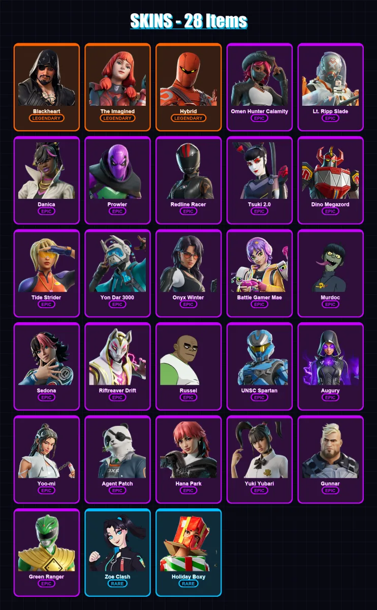 [PC/XBOX/PSN] | Blackheart | The Imagined | Hybrid | Omen Hunter Calamity | Lt. Ripp Slade | 28 skin | 40 pickaxe | 35 emote | 23 glider | Lv284