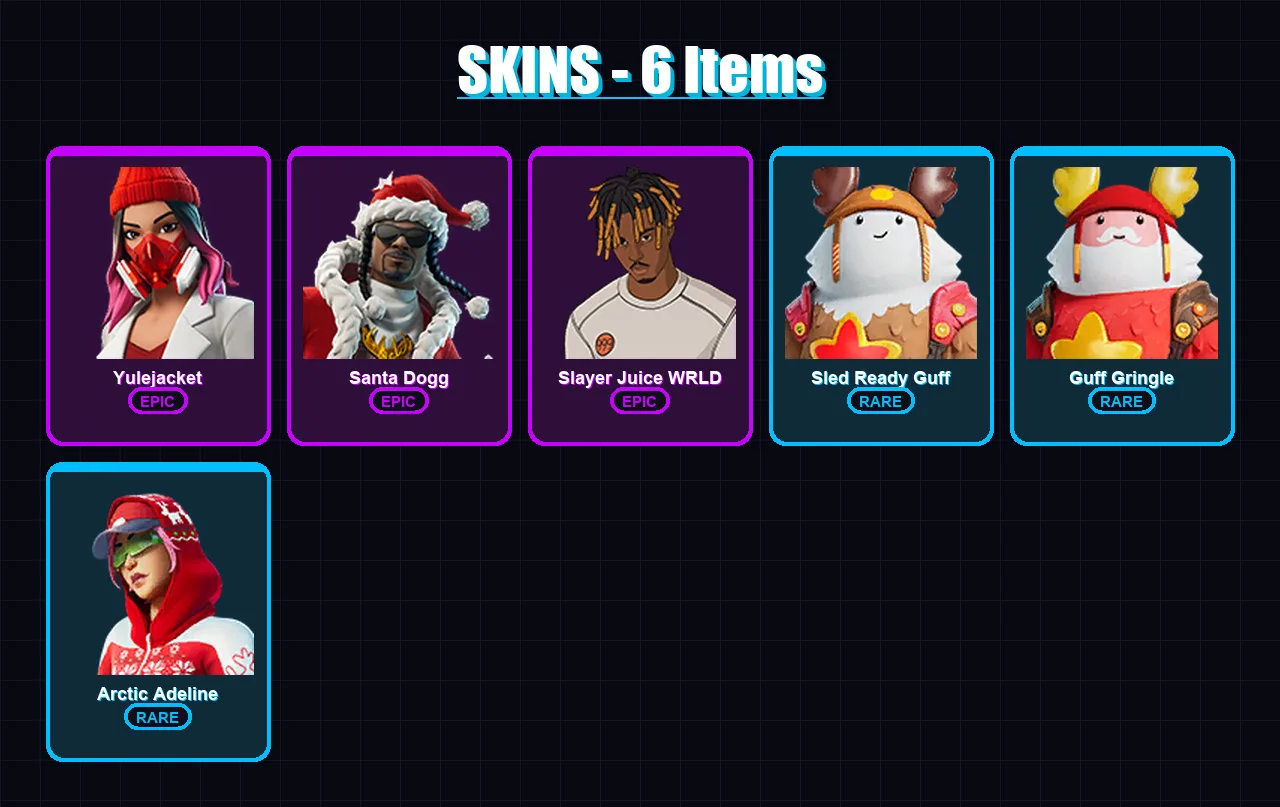[PC/PSN] | Yulejacket | Santa Dogg | Slayer Juice WRLD | Sled Ready Guff | Guff Gringle | 6 skin | 13 pickaxe | 9 emote | 10 glider | Lv105