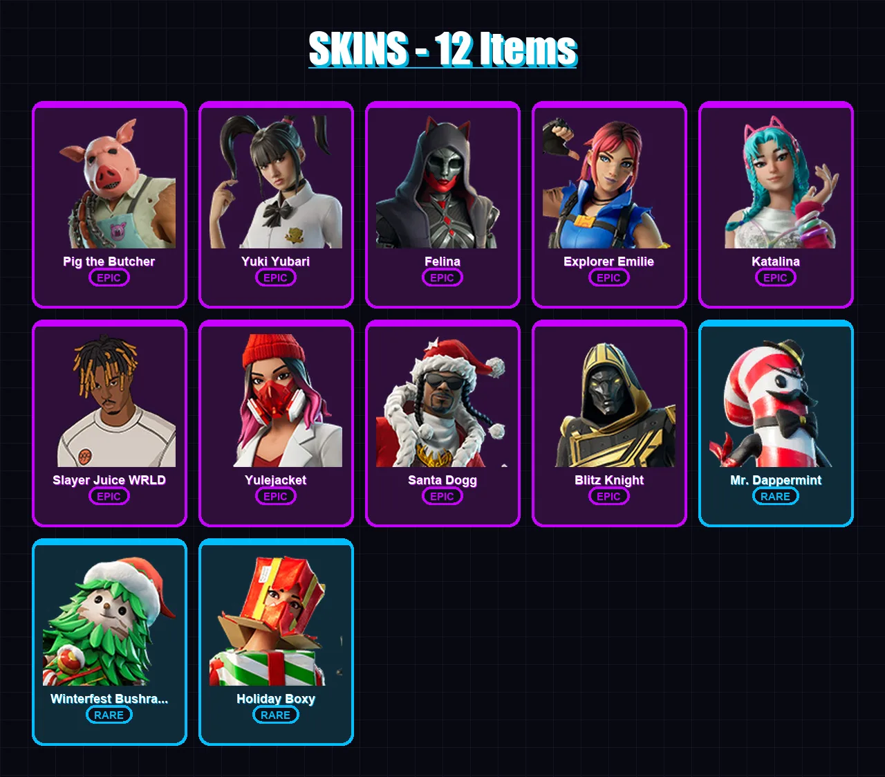 [PC] | Pig the Butcher | Yuki Yubari | Felina | Explorer Emilie | Katalina | 12 skin | 55 pickaxe | 21 emote | 30 glider | Lv371 — Fortnite account