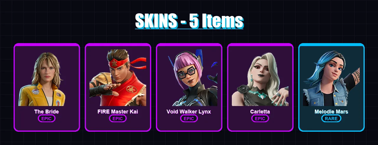 [PC/PSN] | The Bride | FIRE Master Kai | Void Walker Lynx | Carletta | Melodie Mars | 5 skin | 9 pickaxe | 5 emote | 5 glider | Lv17