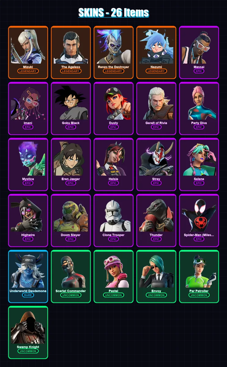 [PC/XBOX/PSN] | Mizuki | The Ageless | Renzo the Destroyer | Nezumi | Massai | 26 skin | 30 pickaxe | 24 emote | 26 glider | Lv536
