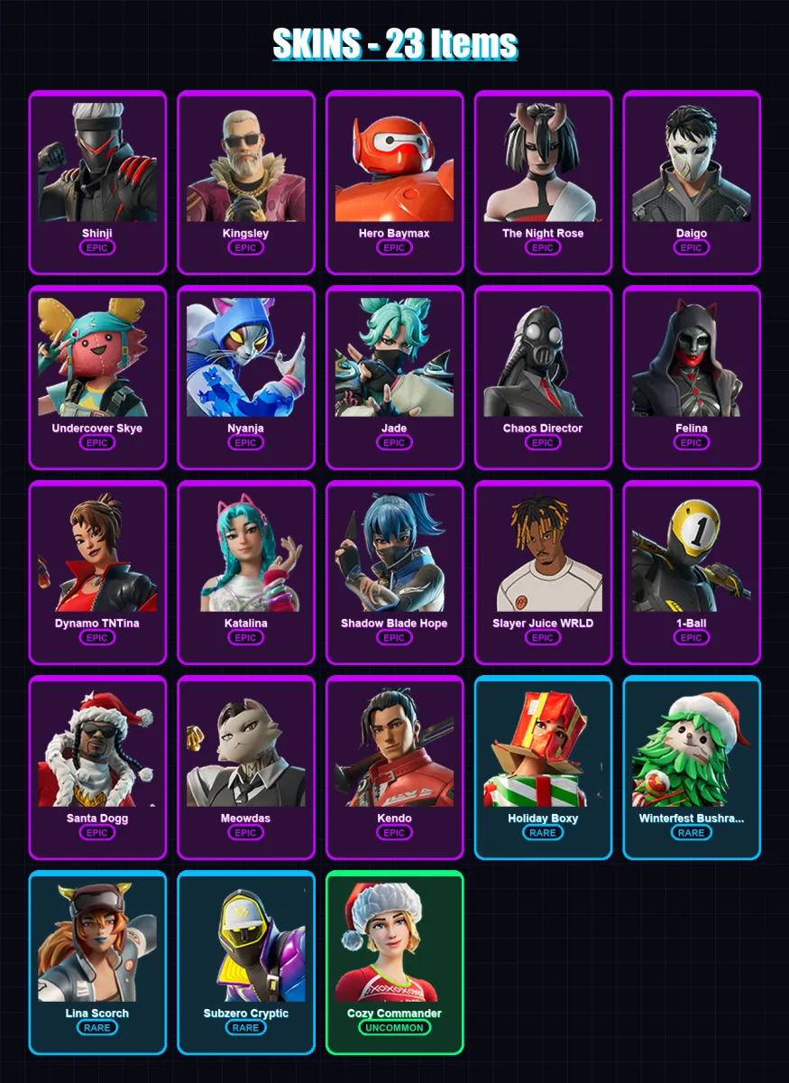 [PS4/PS5/XBOX/PC] | Shinji | Kingsley | Hero Baymax | The Night Rose | Daigo | 23 skin | 39 pickaxe | 20 emote | 24 glider | Lv319 — Fortnite account