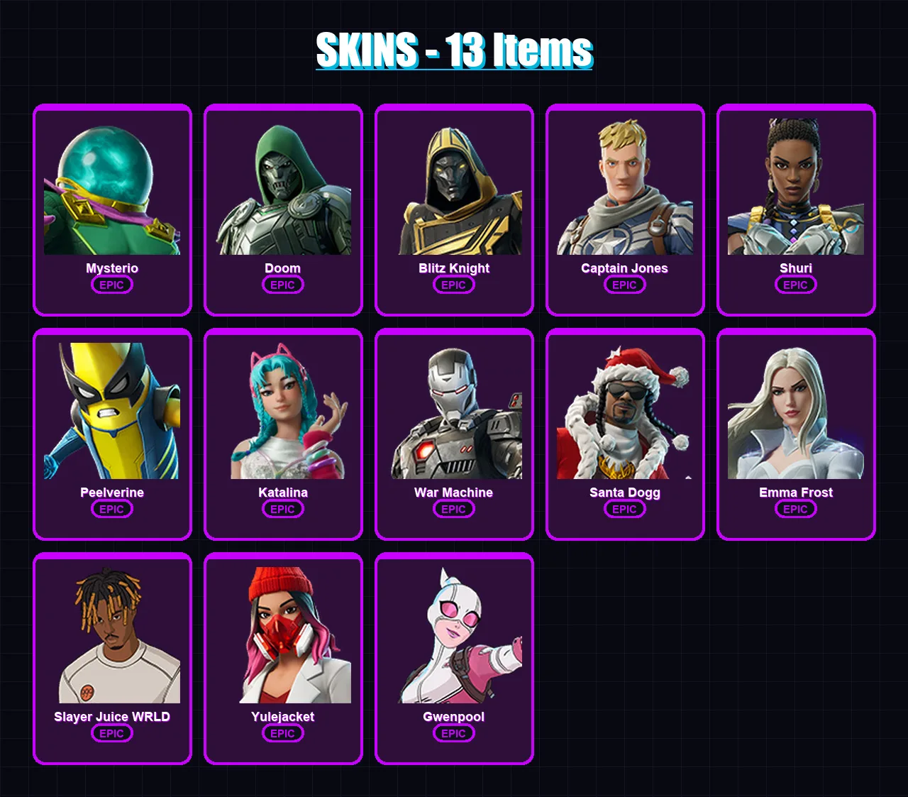 [PC/XBOX/PSN] | Mysterio | Doom | Blitz Knight | Captain Jones | Shuri | 13 skin | 42 pickaxe | 18 emote | 21 glider | Lv276