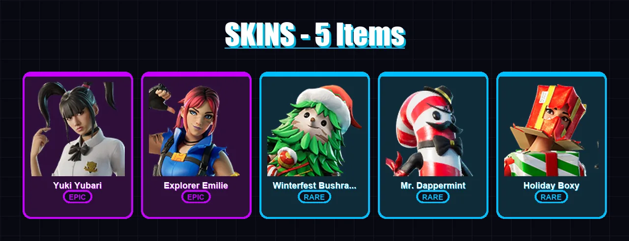 [PC/PSN] | Yuki Yubari | Explorer Emilie | Winterfest Bushranger | Mr. Dappermint | Holiday Boxy | 5 skin | 32 pickaxe | 11 emote | 22 glider | Lv24