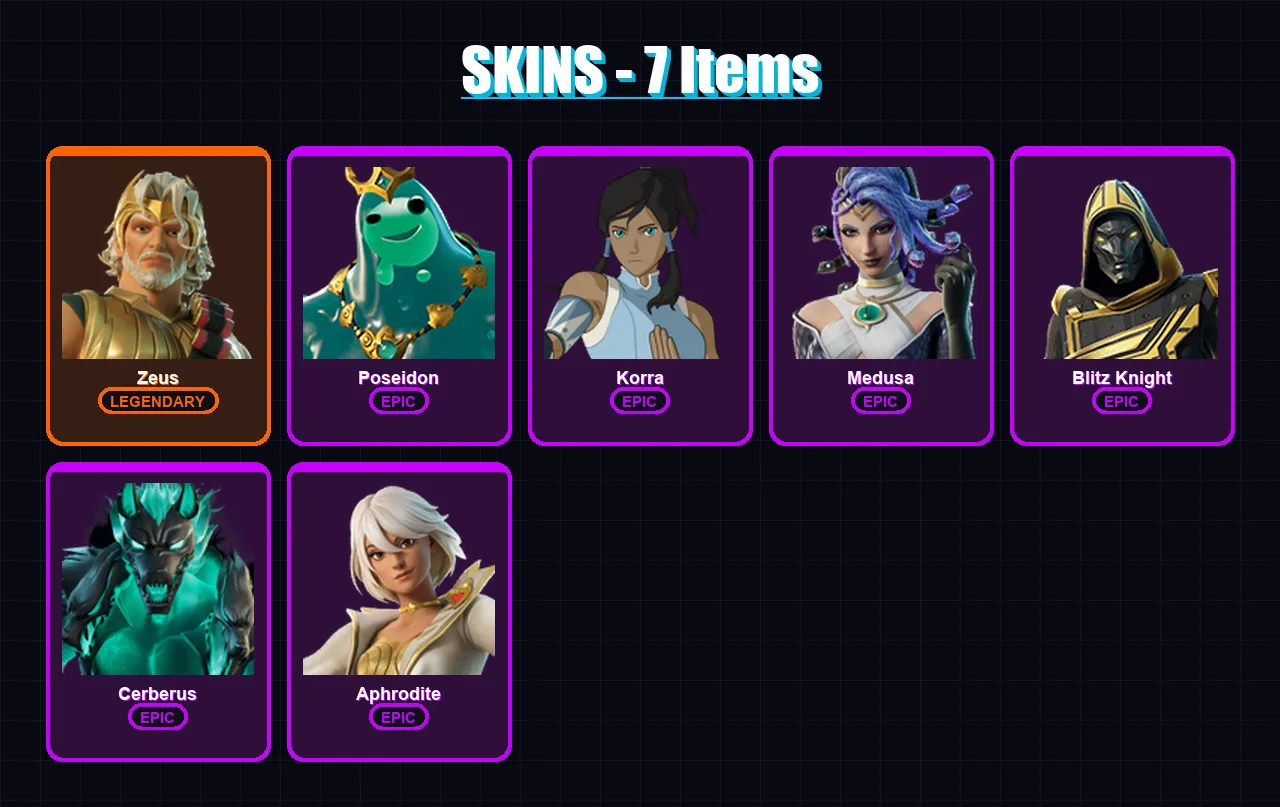 [PC/XBOX/PSN] | Zeus | Poseidon | Korra | Medusa | Blitz Knight | 7 skin | 35 pickaxe | 21 emote | 26 glider | Lv325