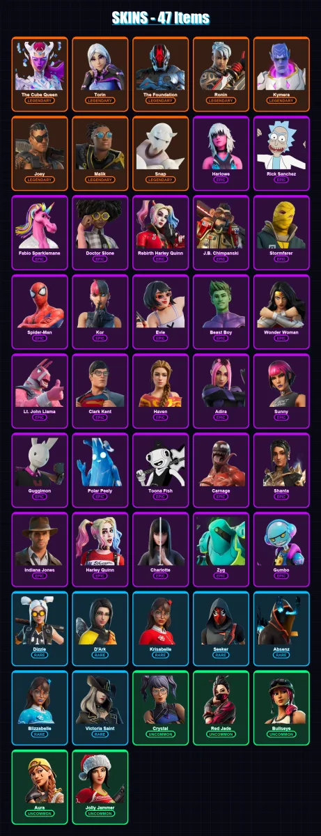 [PC/XBOX/PSN] | The Cube Queen | Torin | The Foundation | Ronin | Kymera | 47 skin | 45 pickaxe | 24 emote | 35 glider | Lv595