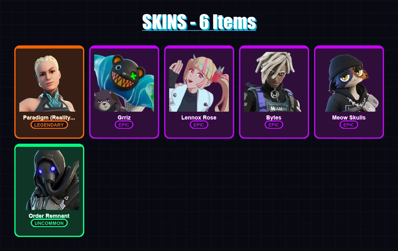 [PC/PSN] | Paradigm (Reality-659) | Grriz | Lennox Rose | Bytes | Meow Skulls | 6 skin | 6 pickaxe | 4 emote | 9 glider | Lv77