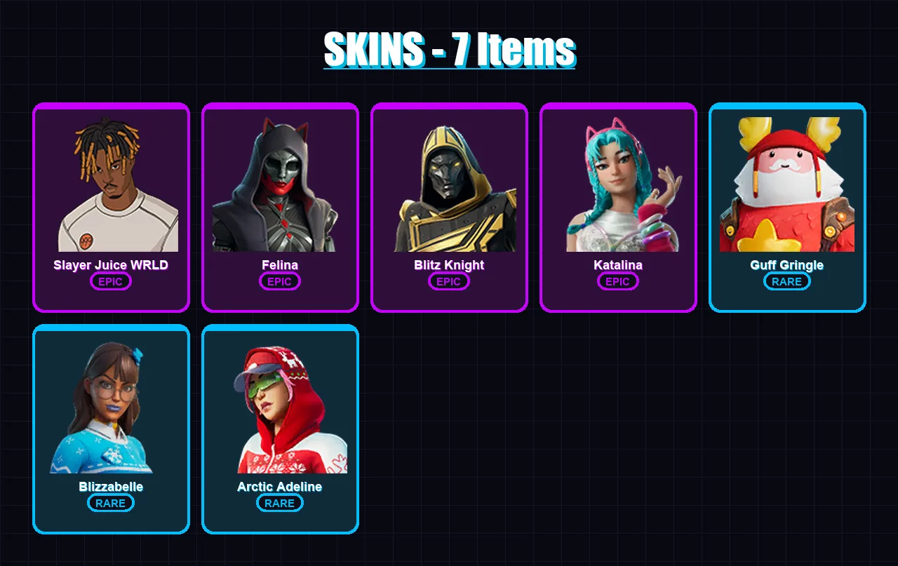 [PC/XBOX/PSN] | Slayer Juice WRLD | Felina | Blitz Knight | Katalina | Guff Gringle | 7 skin | 40 pickaxe | 21 emote | 23 glider | Lv359