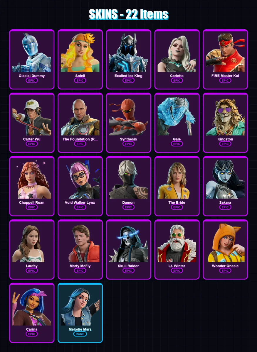 [PC/XBOX/PSN] | Glacial Dummy | Soleil | Exalted Ice King | Carletta | FIRE Master Kai | 22 skin | 24 pickaxe | 12 emote | 11 glider | Lv66