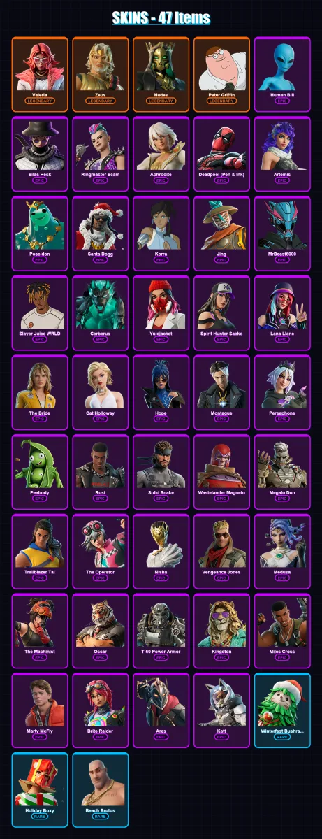 [PC/XBOX/PSN] | Valeria | Zeus | Hades | Peter Griffin | Human Bill | 47 skin | 77 pickaxe | 48 emote | 50 glider | Lv701