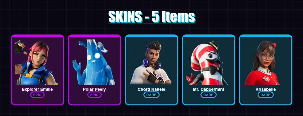 [PC/XBOX/PSN] | Explorer Emilie | Polar Peely | Chord Kahele | Mr. Dappermint | Krisabelle | 5 skin | 19 pickaxe | 10 emote | 12 glider | Lv160