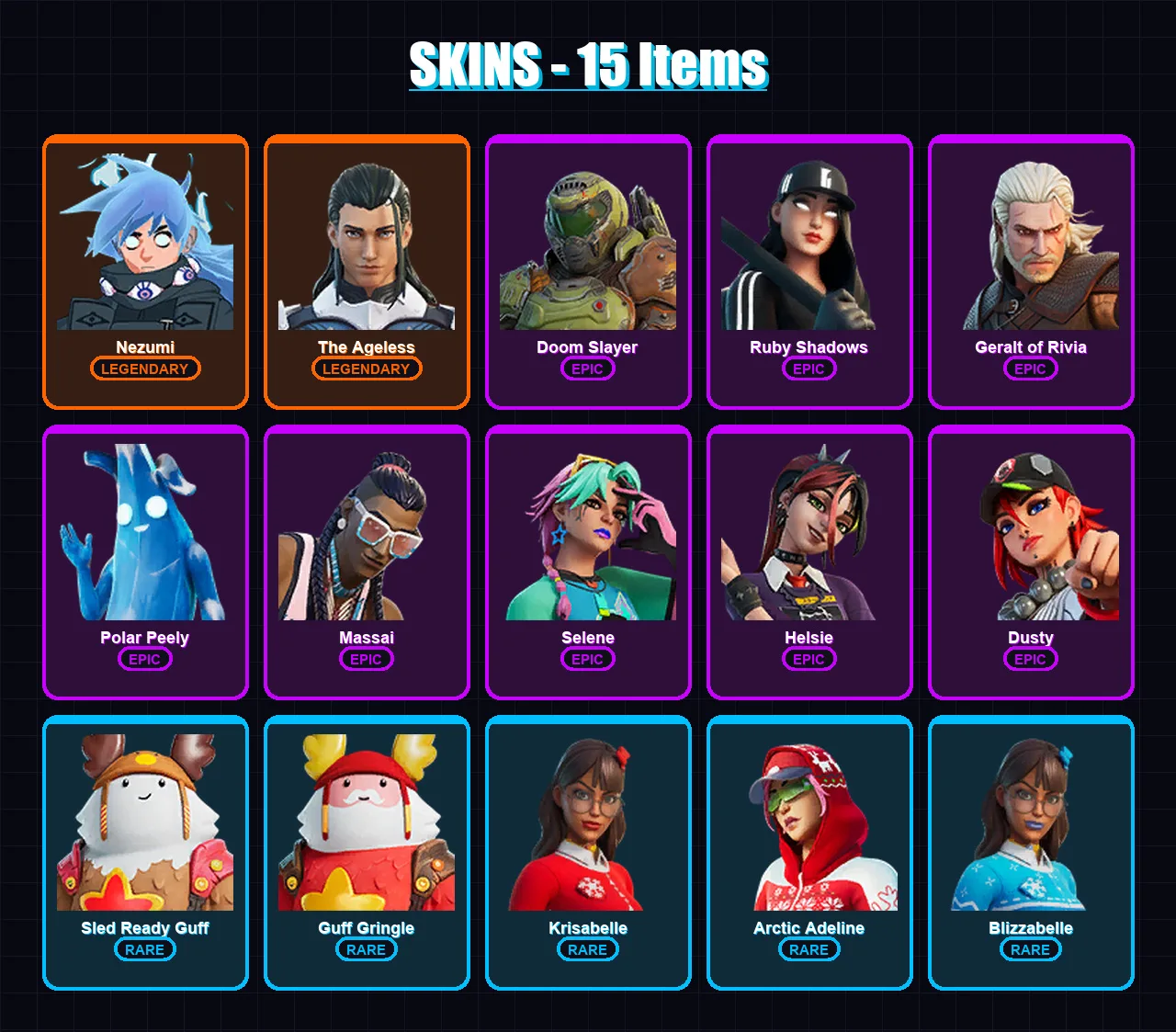 [PC/XBOX/PSN] | Nezumi | The Ageless | Doom Slayer | Ruby Shadows | Geralt of Rivia | 15 skin | 27 pickaxe | 26 emote | 28 glider | Lv403